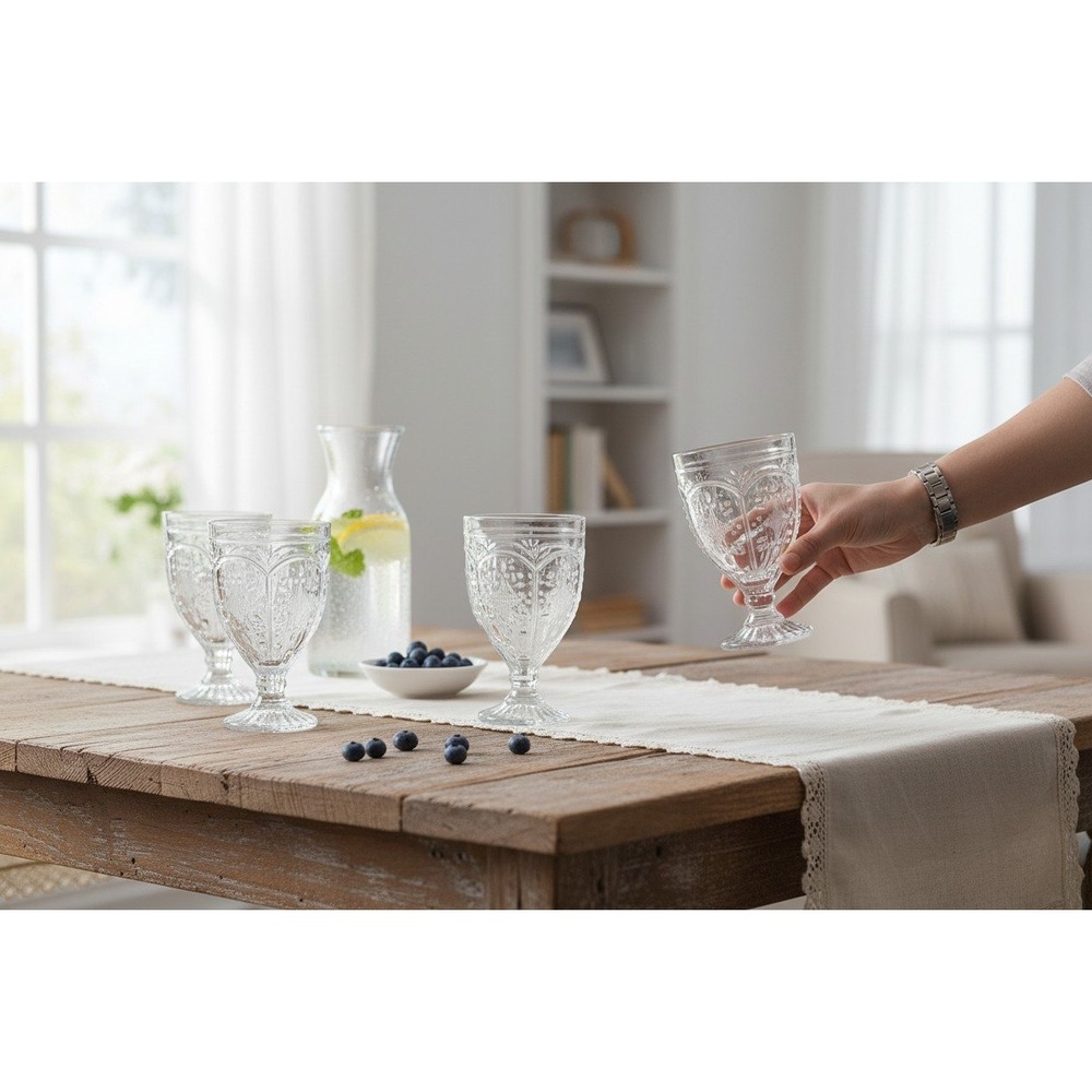 Fitz and Floyd Wine Goblets Set of 5 Clear New Embossed Fleur-de-Lis Glassware